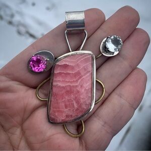 Pat Malin Sterling Silver Rhodochrosite Pendant 925 & Brass Pink Jewelry Vintage
